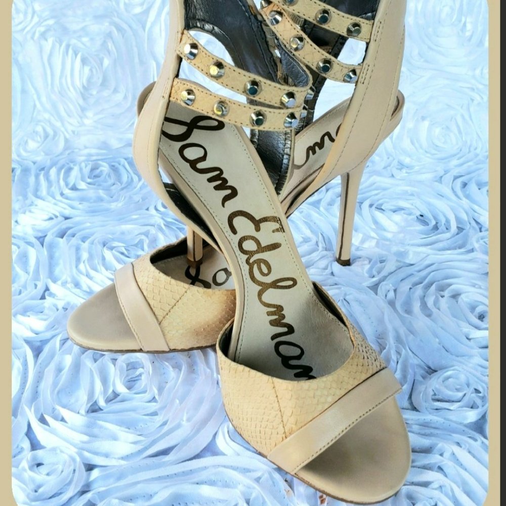 SAM EDELMAN Beige Leather Snake Print Studded Ankle Strappy Stiletto Heel Sz 10M